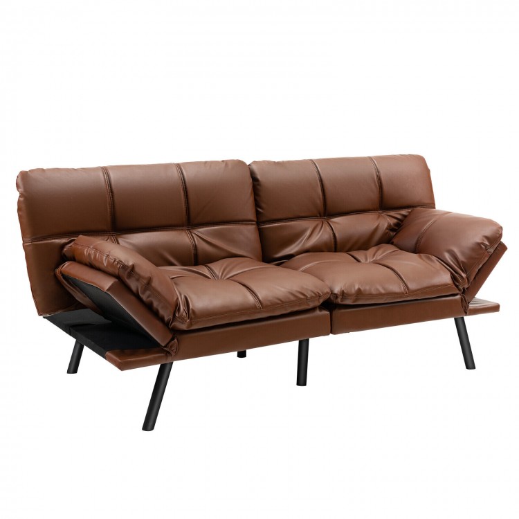 Brown convertible memory foam futon sofa bed with adjustable armrests and backrest, ideal for small spaces.